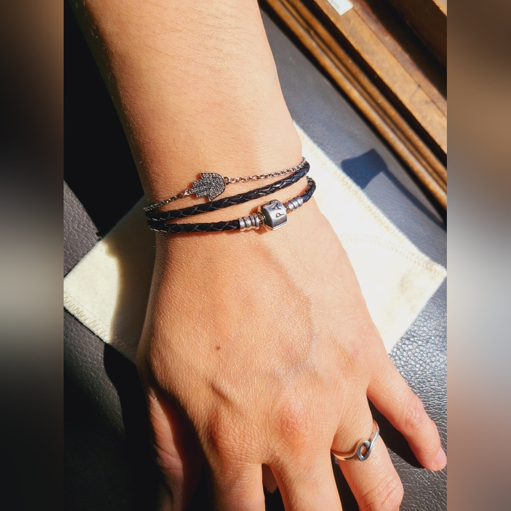 Pandora Black Leather cord double wrap bracelet Length 13.1"